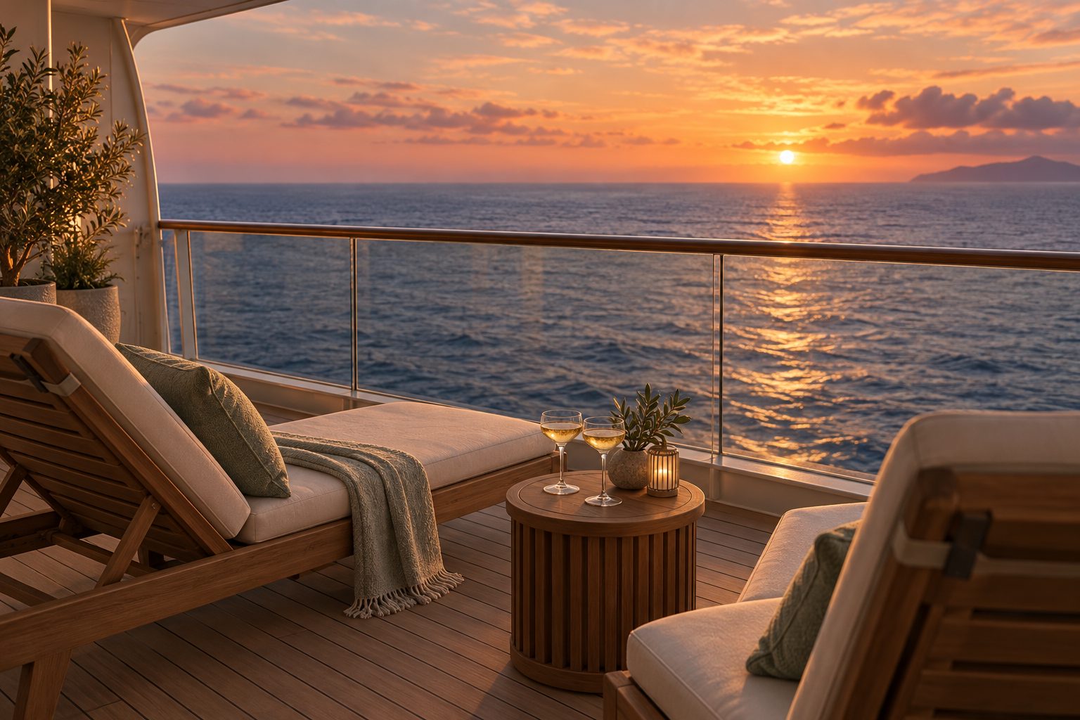 A private cruise ship balcony with two loungers and two glasses of sparkling wine facing an ocean sunset