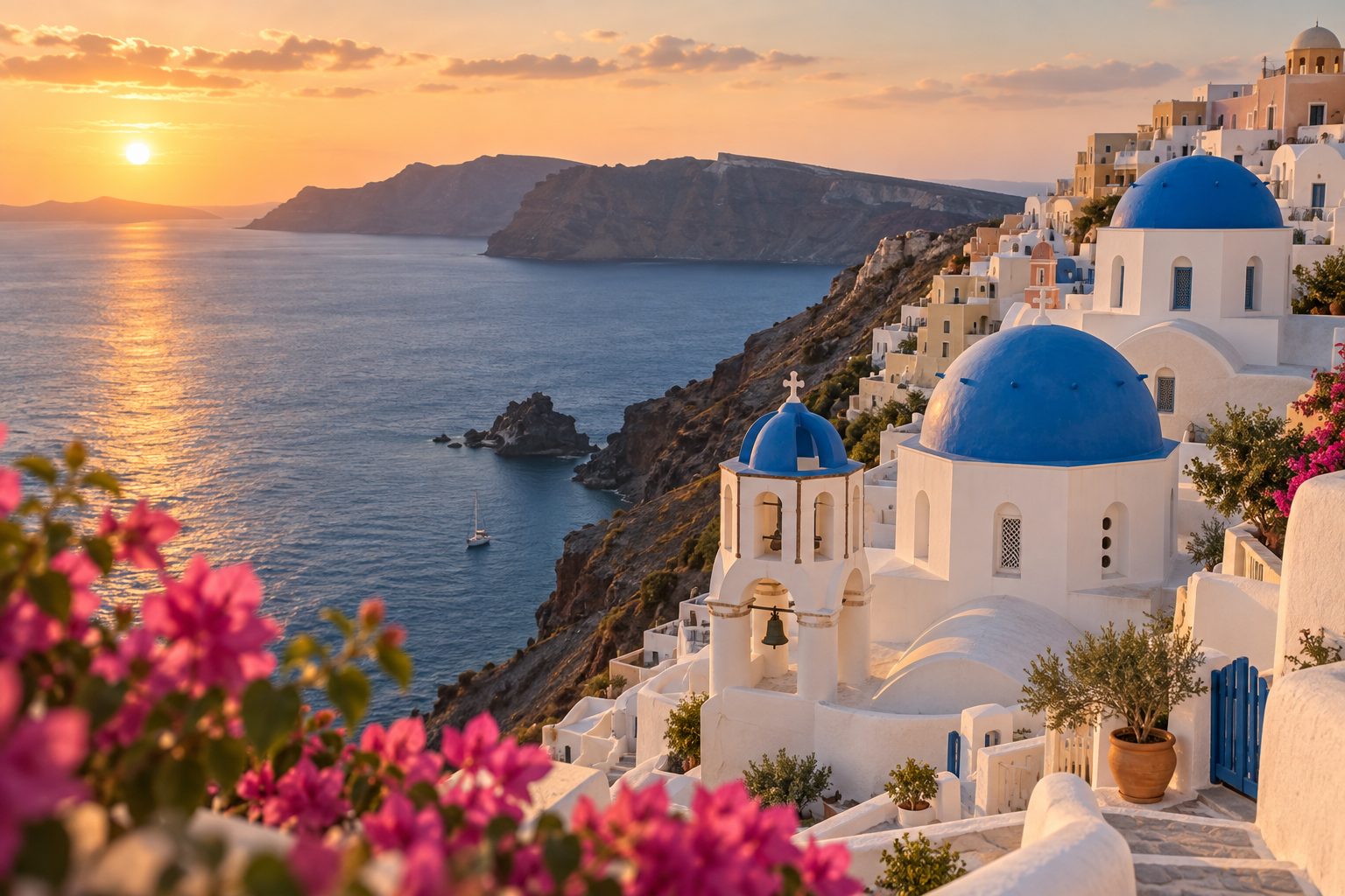 A whitewashed Greek island village with blue domes above the sea at sunset