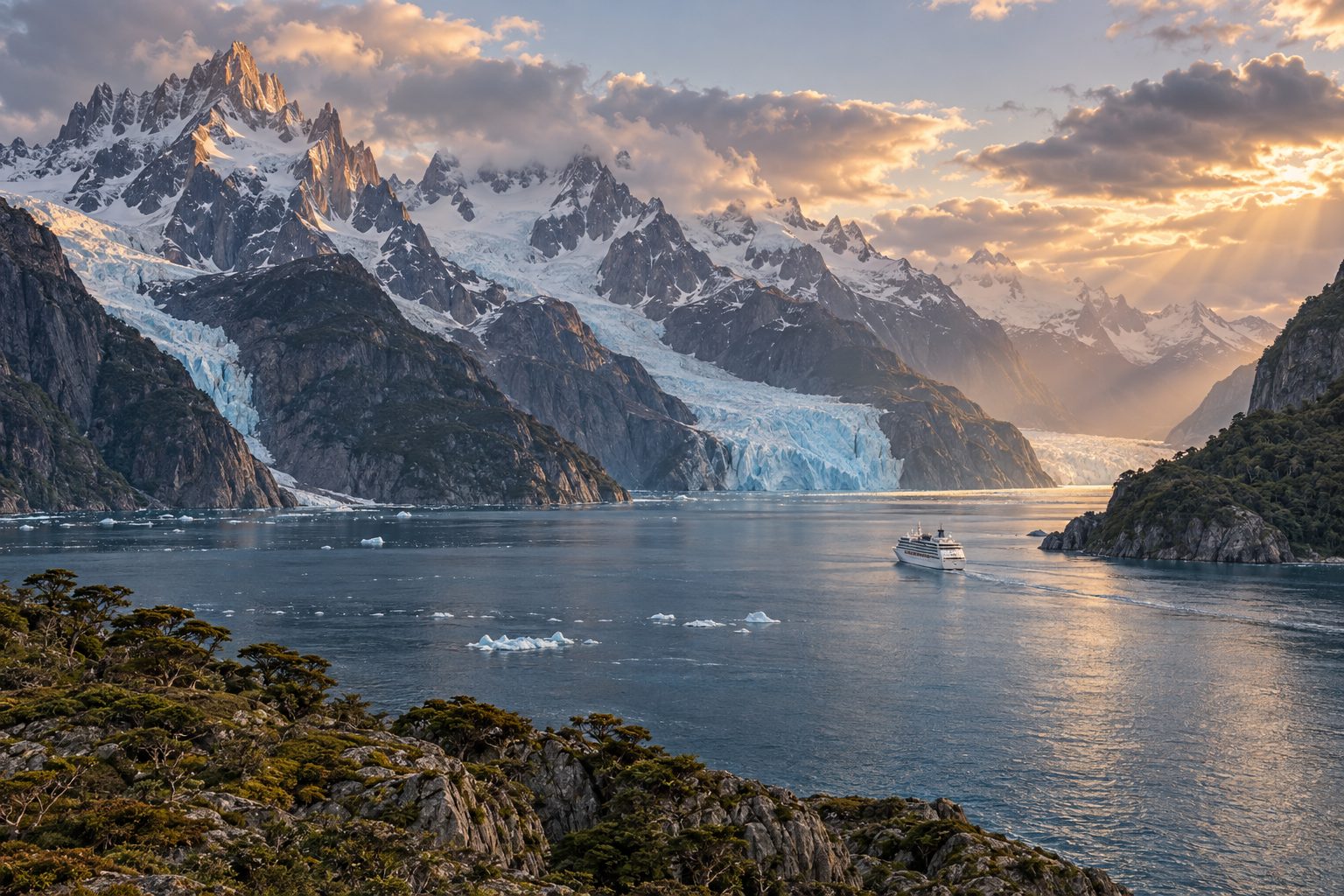 Snow-capped Patagonian peaks and a glacier above a fjord with a small cruise ship
